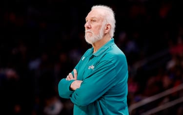 DETROIT, MICHIGAN - FEBRUARY 10: Head coach Gregg Popovich of the San Antonio Spurs looks on in the first half of a game against the Detroit Pistons at Little Caesars Arena on February 10, 2023 in Detroit, Michigan. NOTE TO USER: User expressly acknowledges and agrees that, by downloading and or using this photograph, User is consenting to the terms and conditions of the Getty Images License Agreement. (Photo by Mike Mulholland/Getty Images)