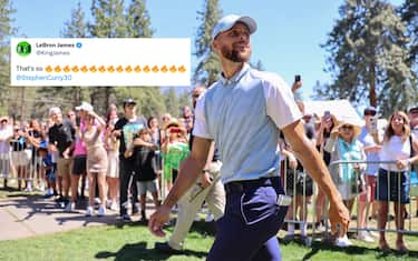 STATELINE, NEVADA - JULY 15: Stephen Curry of the NBA Golden State Warriors walks to the 18th hole on Day Two of the 2023 American Century Championship at Edgewood Tahoe Golf Course on July 15, 2023 in Stateline, Nevada. (Photo by Isaiah Vazquez/Getty Images)