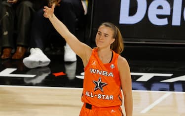 LAS VEGAS, NV - JULY 15: Kelsey Mitchell #0 of Team Stewart & Sabrina Ionescu #20 of Team Stewart celebrate during the game during the 2023 WNBA All-Star Game on July 15, 2023 at Michelob ULTRA Arena in Las Vegas, Nevada. NOTE TO USER: User expressly acknowledges and agrees that, by downloading and or using this photograph, User is consenting to the terms and conditions of the Getty Images License Agreement. Mandatory Copyright Notice: Copyright 2023 NBAE (Photo by Kamil Krzaczynski/NBAE via Getty Images)