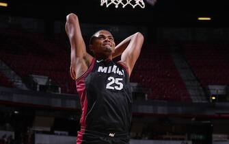 LAS VEGAS, NV - JULY 16: Orlando Robinson #25 of the Miami Heat drives to the basket during the 2023 NBA Las Vegas Summer League on July 16, 2023 at the Thomas & Mack Center in Las Vegas, Nevada. NOTE TO USER: User expressly acknowledges and agrees that, by downloading and or using this photograph, User is consenting to the terms and conditions of the Getty Images License Agreement. Mandatory Copyright Notice: Copyright 2023 NBAE (Photo by Bart Young/NBAE via Getty Images)