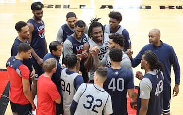 LAS VEGAS, NV - JULY 7: Head Coach Erik Spoelstra of the Men's USA Select Team huddles up during practice for training camp on July 7, 2021 at the Mendenhall Center in Las Vegas, Nevada. NOTE TO USER: User expressly acknowledges and agrees that, by downloading and/or using this photograph, user is consenting to the terms and conditions of the Getty Images License Agreement.  Mandatory Copyright Notice: Copyright 2021 NBAE (Photo by Madison Quisenberry/NBAE via Getty Images)