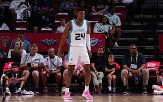 LAS VEGAS, NV - JULY 11: Brandon Miller #24 of the Charlotte Hornets looks on during the 2023 NBA Las Vegas Summer League aPortland Trail Blazers  on July 11, 2023 at the Thomas & Mack Center in Las Vegas, Nevada. NOTE TO USER: User expressly acknowledges and agrees that, by downloading and or using this photograph, User is consenting to the terms and conditions of the Getty Images License Agreement. Mandatory Copyright Notice: Copyright 2023 NBAE (Photo by Garrett Ellwood/NBAE via Getty Images)