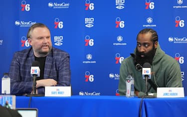 CAMDEN, NJ - FEBRUARY 15: Daryl Morey, President of Basketball Operations and James Harden #1 of the Philadelphia 76ers speak to the media during a press conference on February 15, 2022 at Philadelphia 76ers Training Complex in Camden, New Jersey. NOTE TO USER: User expressly acknowledges and agrees that, by downloading and/or using this Photograph, user is consenting to the terms and conditions of the Getty Images License Agreement. Mandatory Copyright Notice: Copyright 2022 NBAE (Photo by Jesse D. Garrabrant/NBAE via Getty Images)