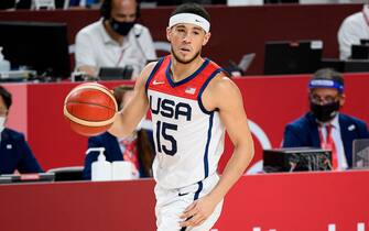 BOOKER Devin (USA), individual action with ball, action, France (FRA) - United States of America (USA) 82:87, basketball, men's final, men's basketball final, on 08/07/2021 Olympic Summer Games 2020, from 23.07. - 08.08.2021 in Tokyo / Japan.