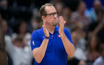 SALT LAKE CITY, UT - JULY 3:  Nick Nurse head coach of the Philadelphia 76ers watches play during the first half of their NBA Summer League game agaisnt the Memphis Grizzlies July 3, 2023 at the Delta Center in Salt Lake City, Utah. NOTE TO USER: User expressly acknowledges and agrees that, by downloading and/or using this Photograph, user is consenting to the terms and conditions of the Getty Images License Agreement.(Photo by Chris Gardner/Getty Images)