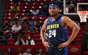 LAS VEGAS, NV - JULY 15: Jalen Pickett #24 of the Denver Nuggets looks on during the game against the New York Knicks during the 2023 NBA Summer League in Las Vegas on July 15, 2023 at the Thomas & Mack Center in Las Vegas, Nevada. NOTE TO USER: User expressly acknowledges and agrees that, by downloading and or using this photograph, User is consenting to the terms and conditions of the Getty Images License Agreement. Mandatory Copyright Notice: Copyright 2023 NBAE (Photo by David Dow/NBAE via Getty Images)