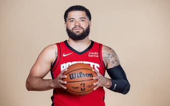 HOUSTON, TEXAS - OCTOBER 02: Fred VanVleet #5 of the Houston Rockets poses for a photo during media day on October 02, 2023 in Houston, Texas. (Photo by Carmen Mandato/Getty Images)