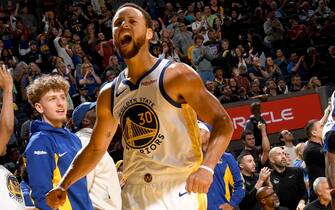 SAN FRANCISCO, CA - OCTOBER 18: Stephen Curry #30 of the Golden State Warriors celebrates during the game against the Sacramento Kings on October 18, 2023 at Chase Center in San Francisco, California. NOTE TO USER: User expressly acknowledges and agrees that, by downloading and or using this photograph, user is consenting to the terms and conditions of Getty Images License Agreement. Mandatory Copyright Notice: Copyright 2023 NBAE (Photo by Noah Graham/NBAE via Getty Images)