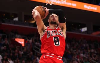 DETROIT, MICHIGAN - OCTOBER 28: Zach LaVine #8 of the Chicago Bulls dunks in the second half while playing the Detroit Pistons at Little Caesars Arena on October 28, 2023 in Detroit, Michigan. Detroit won the game 118-102. NOTE TO USER: User expressly acknowledges and agrees that, by downloading and or using this photograph, User is consenting to the terms and conditions of the Getty Images License Agreement. (Photo by Gregory Shamus/Getty Images)