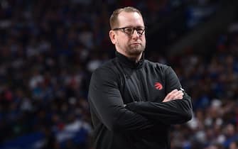 PHILADELPHIA, PA - APRIL 16:  A closeup shot of Head Coach Nick Nurse of the Toronto Raptors during the game against the Philadelphia 76ers during Round 1 Game 1 of the 2022 NBA Playoffs on April 16, 2022 at the Wells Fargo Center in Philadelphia, Pennsylvania NOTE TO USER: User expressly acknowledges and agrees that, by downloading and/or using this Photograph, user is consenting to the terms and conditions of the Getty Images License Agreement. Mandatory Copyright Notice: Copyright 2022 NBAE (Photo by David Dow/NBAE via Getty Images)