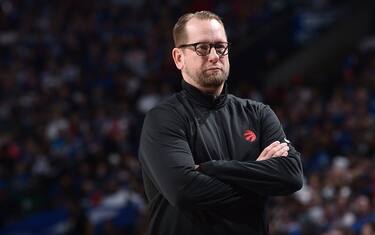 PHILADELPHIA, PA - APRIL 16:  A closeup shot of Head Coach Nick Nurse of the Toronto Raptors during the game against the Philadelphia 76ers during Round 1 Game 1 of the 2022 NBA Playoffs on April 16, 2022 at the Wells Fargo Center in Philadelphia, Pennsylvania NOTE TO USER: User expressly acknowledges and agrees that, by downloading and/or using this Photograph, user is consenting to the terms and conditions of the Getty Images License Agreement. Mandatory Copyright Notice: Copyright 2022 NBAE (Photo by David Dow/NBAE via Getty Images)