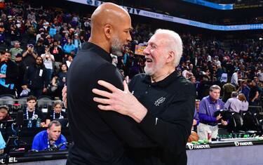 PHOENIX, AZ - APRIL 4: Head Coach Gregg Popovich of the San Antonio Spurs congratulates Head Coach Monty Williams of the Phoenix Suns after the game on April 4, 2023 at Footprint Center in Phoenix, Arizona. NOTE TO USER: User expressly acknowledges and agrees that, by downloading and or using this photograph, user is consenting to the terms and conditions of the Getty Images License Agreement. Mandatory Copyright Notice: Copyright 2023 NBAE (Photo by Barry Gossage/NBAE via Getty Images)