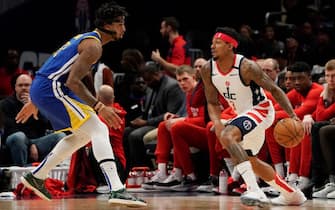 WASHINGTON, DC - FEBRUARY 03: Bradley Beal #3 of the Washington Wizards dribbles against Marquese Chriss #32 of the Golden State Warriors in the first half at Capital One Arena on February 03, 2020 in Washington, DC. NOTE TO USER: User expressly acknowledges and agrees that, by downloading and or using this photograph, User is consenting to the terms and conditions of the Getty Images License Agreement. (Photo by Patrick McDermott/Getty Images)