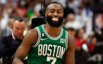 MIAMI, FLORIDA - MAY 27: Jaylen Brown #7 of the Boston Celtics reacts to defeating the Miami Heat 104-103 in game six of the Eastern Conference Finals at Kaseya Center on May 27, 2023 in Miami, Florida. NOTE TO USER: User expressly acknowledges and agrees that, by downloading and or using this photograph, User is consenting to the terms and conditions of the Getty Images License Agreement. (Photo by Mike Ehrmann/Getty Images)