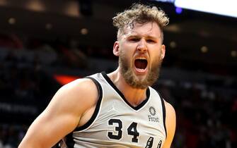 MIAMI, FLORIDA - FEBRUARY 26: Jock Landale #34 of the San Antonio Spurs reacts after dunking during the first quarter against the Miami Heat at FTX Arena on February 26, 2022 in Miami, Florida. NOTE TO USER: User expressly acknowledges and agrees that, by downloading and or using this photograph, User is consenting to the terms and conditions of the Getty Images License Agreement. (Photo by Megan Briggs/Getty Images)