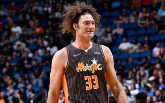 ORLANDO, FL - APRIL 10: Robin Lopez #33 of the Orlando Magic smiles during the game against the Miami Heat on April 10, 2022 at Amway Center in Orlando, Florida. NOTE TO USER: User expressly acknowledges and agrees that, by downloading and or using this photograph, User is consenting to the terms and conditions of the Getty Images License Agreement. Mandatory Copyright Notice: Copyright 2022 NBAE (Photo by Fernando Medina/NBAE via Getty Images)