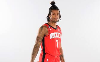 HOUSTON, TX - SEPTEMBER 27: Trey Burke #7 of the Houston Rockets poses for a portrait during NBA Media Day on September 27, 2022 at Toyota Center in Houston, Texas. NOTE TO USER: User expressly acknowledges and agrees that, by downloading and or using this Photograph, user is consenting to the terms and conditions of the Getty Images License Agreement. Mandatory Copyright Notice: Copyright 2020 NBAE (Photo by Logan Riely/NBAE via Getty Images)