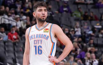 SACRAMENTO, CA - FEBRUARY 5: Ty Jerome #16 of the Oklahoma City Thunder looks on during the game against the Sacramento Kings on February 5, 2022 at Golden 1 Center in Sacramento, California. NOTE TO USER: User expressly acknowledges and agrees that, by downloading and or using this photograph, User is consenting to the terms and conditions of the Getty Images Agreement. Mandatory Copyright Notice: Copyright 2022 NBAE (Photo by Rocky Widner/NBAE via Getty Images)