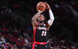 PORTLAND, OR - APRIL 10: Ben McLemore #23 of the Portland Trail Blazers shoots the ball during the game against the Utah Jazz on April10, 2022 at the Moda Center Arena in Portland, Oregon. NOTE TO USER: User expressly acknowledges and agrees that, by downloading and or using this photograph, user is consenting to the terms and conditions of the Getty Images License Agreement. Mandatory Copyright Notice: Copyright 2022 NBAE (Photo by Sam Forencich/NBAE via Getty Images)