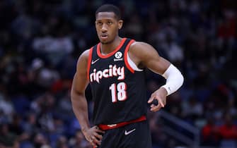 NEW ORLEANS, LOUISIANA - APRIL 07: Kris Dunn #18 of the Portland Trail Blazers reacts against the New Orleans Pelicans during a game at the Smoothie King Center on April 07, 2022 in New Orleans, Louisiana. NOTE TO USER: User expressly acknowledges and agrees that, by downloading and or using this Photograph, user is consenting to the terms and conditions of the Getty Images License Agreement. (Photo by Jonathan Bachman/Getty Images)