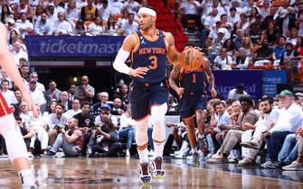 MIAMI, FL - MAY 12: Josh Hart #3 of the New York Knicks dribbles the ball during the game against the Miami Heat during Game 6 of the 2023 NBA Playoffs Eastern Conference semi-finals on May 12, 2023 at Kaseya Center in Miami, Florida. NOTE TO USER: User expressly acknowledges and agrees that, by downloading and or using this Photograph, user is consenting to the terms and conditions of the Getty Images License Agreement. Mandatory Copyright Notice: Copyright 2023 NBAE (Photo by Nathaniel S. Butler/NBAE via Getty Images)