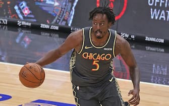 CHICAGO, ILLINOIS - APRIL 30: Al-Farouq Aminu #5 of the Chicago Bulls brings the ball up the court against the Milwaukee Bucks at the United Center on April 30, 2021 in Chicago, Illinois. The Bucks defeated the Bulls 108-98. NOTE TO USER: User expressly acknowledges and agrees that, by downloading and or using this photograph, User is consenting to the terms and conditions of the Getty Images License Agreement. (Photo by Jonathan Daniel/Getty Images)