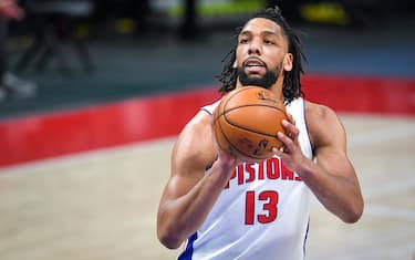DETROIT, MICHIGAN - MAY 06: Jahlil Okafor #13 of the Detroit Pistons shoots a free throw against the Memphis Grizzlies during the second quarter of the NBA game at Little Caesars Arena on May 06, 2021 in Detroit, Michigan. NOTE TO USER: User expressly acknowledges and agrees that, by downloading and or using this photograph, User is consenting to the terms and conditions of the Getty Images License Agreement. (Photo by Nic Antaya/Getty Images)