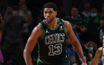 BOSTON, MA - MAY 28: Tristan Thompson #13 of the Boston Celtics reacts to a play during the game against the Brooklyn Nets during Round 1, Game 3 of the 2021 NBA Playoffs on May 28, 2021 at the TD Garden in Boston, Massachusetts.  NOTE TO USER: User expressly acknowledges and agrees that, by downloading and or using this photograph, User is consenting to the terms and conditions of the Getty Images License Agreement. Mandatory Copyright Notice: Copyright 2021 NBAE  (Photo by Brian Babineau/NBAE via Getty Images)