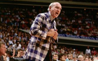 ATLANTA - 1987:  Head Coach Jack Ramsay of the Indiana Pacers argues a call with a referee during an NBA game against the Atlanta Hawks at the Omni circa 1987 in Atlanta, Georgia.  NOTE TO USER: User expressly acknowledges and agrees that, by downloading and/or using this Photograph, user is consenting to the terms and conditions of the Getty Images License Agreement.  Mandatory Copyright Notice: Copyright 1987 NBAE (Photo by Scott Cunningham/NBAE via Getty Images)