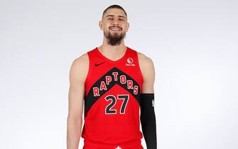 TAMPA BAY, FL - DECEMBER 7: Alex Len #27 of the Toronto Raptors poses for a portrait during NBA content day on December 7, 2020 at the Amalie Arena in Tampa Bay, Florida. NOTE TO USER: User expressly acknowledges and agrees that, by downloading and/or using this photograph, user is consenting to the terms and conditions of the Getty Images License Agreement. Mandatory Copyright Notice: Copyright 2020 NBAE (Photo by Scott Audette/NBAE via Getty Images)