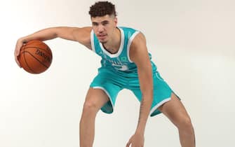 CHARLOTTE, NC- NOVEMBER 20: LaMelo Ball #2 of the Charlotte Hornets dribbles the ball during a portrait session at the Spectrum Center on November 20 in Charlotte, North Carolina.  NOTE TO USER: User expressly acknowledges and agrees that, by downloading and or using this photograph, User is consenting to the terms and conditions of the Getty Images License Agreement. Mandatory Copyright Notice: Copyright 2020 NBAE  (Photo by Kent Smith/NBAE via Getty Images)