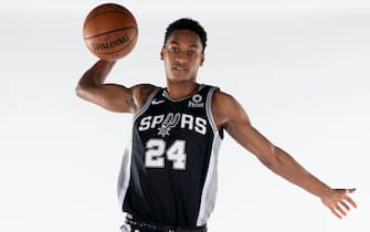 San Antonio, TX - DECEMBER 9: Devin Vassell #24 of the San Antonio Spurs #24 of the San Antonio Spurs poses for a portrait during 2020 NBA Content Day on December 9, 2020 at AT&T Center in San Antonio, Texas. NOTE TO USER:  User expressly acknowledges and agrees that, by downloading and or using this Photograph, user is consenting to the terms and conditions of the Getty Images License Agreement. Mandatory Copyright Notice: Copyright 2020 NBAE (Photo by Logan Riely/NBAE via Getty Images)