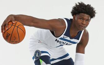 MINNEAPOLIS, MN - NOVEMBER 20: Anthony Edwards, first overall pick of the Minnesota Timberwolves in the 2020 NBA Draft poses for a portrait on November 20, 2020 at the Minnesota Timberwolves and Lynx Courts at Mayo Clinic Square in Minneapolis, Minnesota.  NOTE TO USER: User expressly acknowledges and agrees that, by downloading and or using this Photograph, user is consenting to the terms and conditions of the Getty Images License Agreement. Mandatory Copyright Notice: Copyright 2020 NBAE (Photo by David Sherman/NBAE via Getty Images)