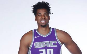 SACRAMENTO, CA - DECEMBER 8: Hassan Whiteside #20 of the Sacramento Kings poses for a portrait during NBA Content Day December 8, 2020 at the Golden 1 Center in Sacramento, California. NOTE TO USER: User expressly acknowledges and agrees that, by downloading and/or using this Photograph, user is consenting to the terms and conditions of the Getty Images License Agreement. Mandatory Copyright Notice: Copyright 2020 NBAE (Photo by Rocky Widner/NBAE via Getty Images)