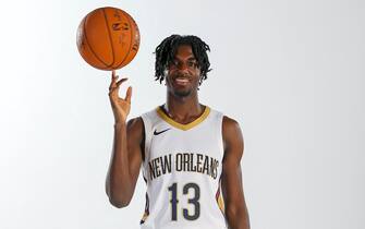 METAIRIE, LA - NOVEMBER 24: Kira Lewis Jr. #13 of the New Orleans Pelicans poses for a portrait after being drafted number 13 overall on November 30, 2020 at Ochsner Sports Performance Center in Metairie, Louisiana. NOTE TO USER: User expressly acknowledges and agrees that, by downloading and or using this Photograph, user is consenting to the terms and conditions of the Getty Images License Agreement. Mandatory Copyright Notice: Copyright 2020 NBAE (Photo by Layne Murdoch Jr./NBAE via Getty Images)