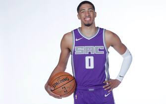 SACRAMENTO, CA - DECEMBER 8: Tyrese Haliburton #0 of the Sacramento Kings poses for a portrait during NBA Content Day December 8, 2020 at the Golden 1 Center in Sacramento, California. NOTE TO USER: User expressly acknowledges and agrees that, by downloading and/or using this Photograph, user is consenting to the terms and conditions of the Getty Images License Agreement. Mandatory Copyright Notice: Copyright 2020 NBAE (Photo by Rocky Widner/NBAE via Getty Images)