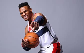WASHINGTON, DC - DECEMBER 7: Russell Westbrook #0 of the Washington Wizards poses for a portrait during NBA Content Day on December 7, 2020 in Washington, DC at Capital One Arena. NOTE TO USER: User expressly acknowledges and agrees that, by downloading and or using this photograph, User is consenting to the terms and conditions of the Getty Images License Agreement. (Photo by Ned Dishman/NBAE via Getty Images)