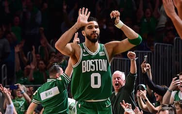 BOSTON, MA - MAY 14: Jayson Tatum #0 of the Boston Celtics celebrates during the game against the Philadelphia 76ers during the Eastern Conference Semi-Finals of the 2023 NBA Playoffs on May 14, 2023 at the TD Garden in Boston, Massachusetts. NOTE TO USER: User expressly acknowledges and agrees that, by downloading and or using this photograph, User is consenting to the terms and conditions of the Getty Images License Agreement. Mandatory Copyright Notice: Copyright 2023 NBAE  (Photo by Brian Babineau/NBAE via Getty Images)