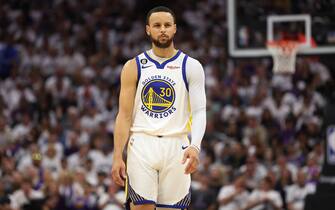 SACRAMENTO, CALIFORNIA - APRIL 30: Stephen Curry #30 of the Golden State Warriors reacts during the second quarter against the Sacramento Kings in game seven of the Western Conference First Round Playoffs at Golden 1 Center on April 30, 2023 in Sacramento, California. NOTE TO USER: User expressly acknowledges and agrees that, by downloading and or using this photograph, User is consenting to the terms and conditions of the Getty Images License Agreement. (Photo by Ezra Shaw/Getty Images)