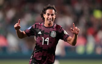 DENVER, CO - JUNE 6: Diego Lainez #14 of Mexico celebrates after scoring a goal during the CONCACAF Nations League Championship Final between the United States and Mexico at Empower Field At Mile High on June 6, 2021 in Denver, Colorado. (Photo by John Dorton/ISI Photos/Getty Images)