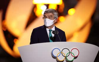 1333018654 TOKYO, JAPAN - AUGUST 08: President of the International Olympic Committee, Thomas Bach speaks during the Closing Ceremony of the Tokyo 2020 Olympic Games at Olympic Stadium on August 08, 2021 in Tokyo, Japan. (Photo by Dan Mullan/Getty Images)