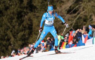 Michela Carrara of Italy in action during the womenÕs 7.5km Sprint race at the IBU Biathlon World Championships in Antholz/Anterselva, Italy, 14 February 2020. ANSA/ANDREA SOLERO 