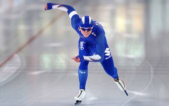 STAVANGER, NORWAY - NOVEMBER 21: Jeffrey Rosanelli of Italy competes in the 2nd 500m Men Division A during Day 3 of the ISU World Cup Speed Skating at Sormarka Arena on November 21, 2021 in Stavanger, Norway. (Photo by Dean Mouhtaropoulos - International Skating Union/International Skating Union via Getty Images)