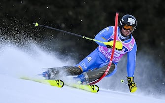 epa09688874 Giuliano Razzoli of Italy in action during the first run of the men's slalom race at the FIS Alpine Skiing Ski World Cup in Wengen, Switzerland, 16 January 2022.  EPA/JEAN-CHRISTOPHE BOTT