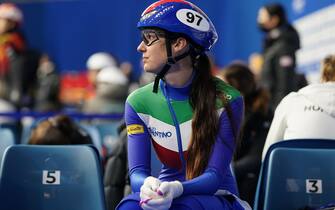 DEBRECEN, HUNGARY - NOVEMBER 20: Arianna Valcepina of Italy looks on during the ISU World Cup Short Track at FÃ¶nix hall on November 20, 2021 in Debrecen, Hungary. (Photo by Christian Kaspar-Bartke - International Skating Union/International Skating Union via Getty Images)