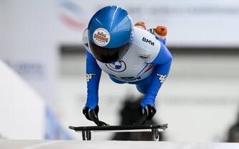 epa09006519 Valentina Margaglio of Italy in action during the third round of the women's Skeleton competition at the Bobsleigh & Skeleton World Ch?ampionships in Altenberg, Germany, 12 February 2021.  EPA/FILIP SINGER