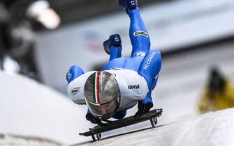 epa09006780 Mattia Gaspari of Italia in action during the third round of the men's Skeleton competition at the Bobsleigh and Skeleton World Championships in Altenberg, Germany, 12 February 2021.  EPA/FILIP SINGER