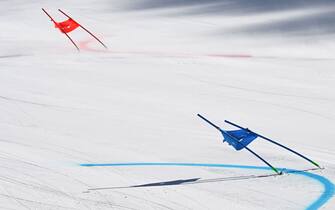 Gates bend due to strong winds before the mixed team parallel round of 16 event during the Beijing 2022 Winter Olympic Games at the Yanqing National Alpine Skiing Centre in Yanqing on February 19, 2022. - The last Olympics alpine ski event of the Beijing Games will not take place Saturday because of strong winds, officials said, with talks ongoing on a potential rescheduling. (Photo by Fabrice COFFRINI / AFP) (Photo by FABRICE COFFRINI/AFP via Getty Images)