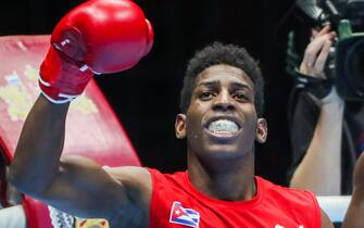YEKATERINBURG, RUSSIA - SEPTEMBER 21, 2019: Cuba's Andy Cruz Gomez celebrates as he wins the 57-63kg final bout against Keyshawn Davis of the US (not in picture) at the 20th AIBA World Boxing Championships at the Ekaterinburg-EXPO International Exhibition Center. Donat Sorokin/TASS (Photo by Donat Sorokin\TASS via Getty Images)