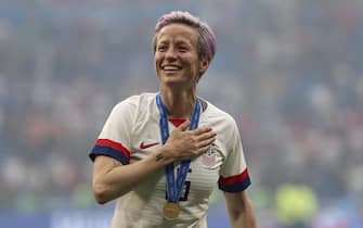 epa07701852 Megan Rapinoe of the USA celebrates winning the FIFA Women's World Cup 2019 final soccer match between USA and Netherlands in Lyon, France, 07 July 2019.  EPA/SRDJAN SUKI